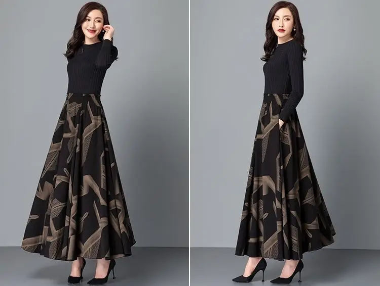 Women's Black Geometric A-Line Skirt Long Swing High Waist Slim Fit — feature 13