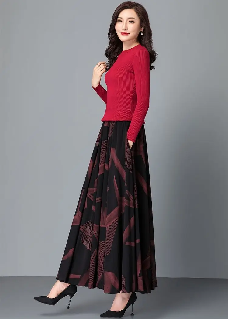 Women's Black Geometric A-Line Skirt Long Swing High Waist Slim Fit — feature 14