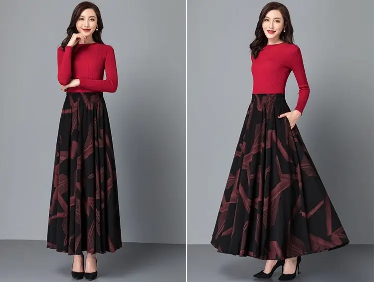 Women's Black Geometric A-Line Skirt Long Swing High Waist Slim Fit — feature 15