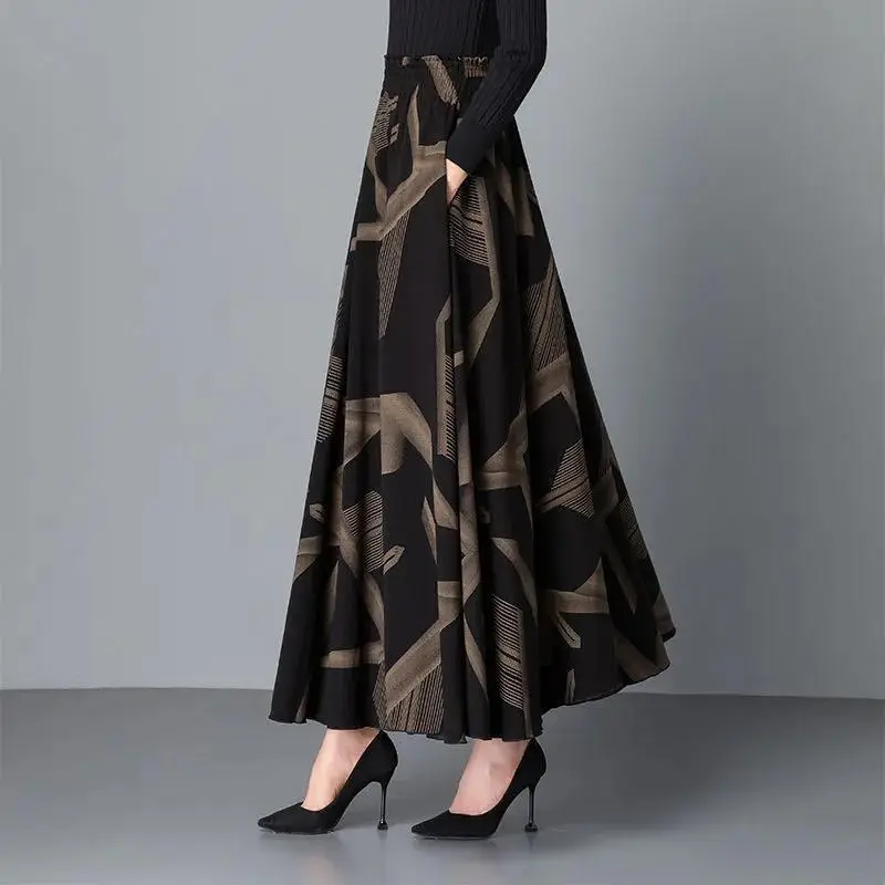 Women's Black Geometric A-Line Skirt Long Swing High Waist Slim Fit — feature 17