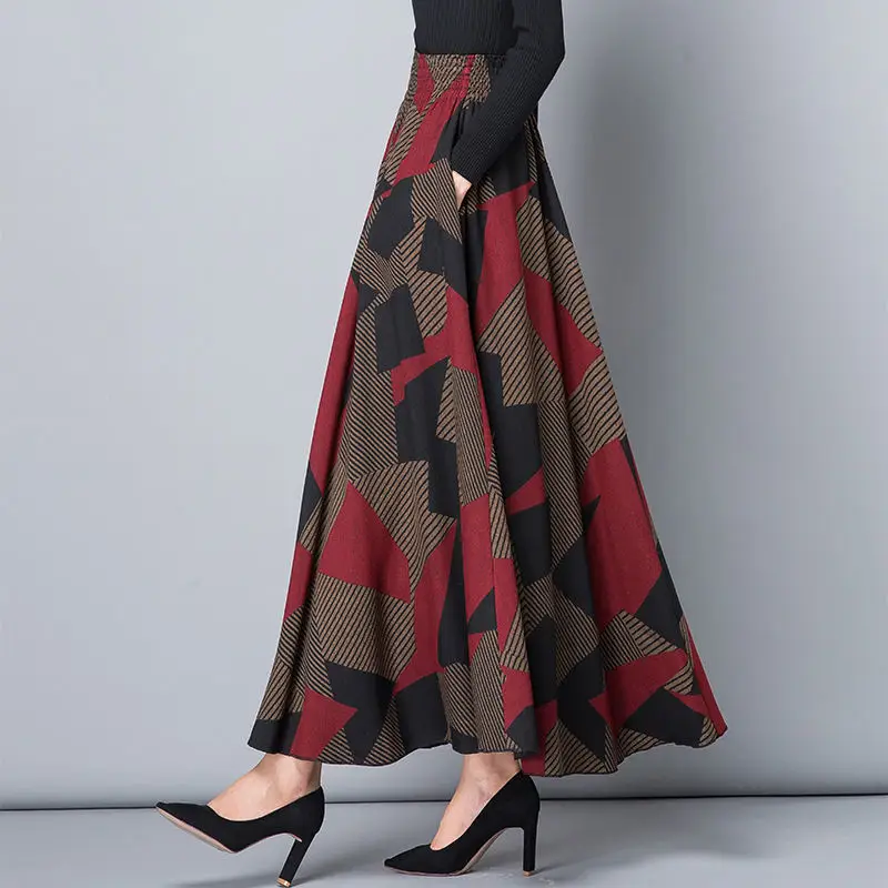Women's Black Geometric A-Line Skirt Long Swing High Waist Slim Fit — feature 18