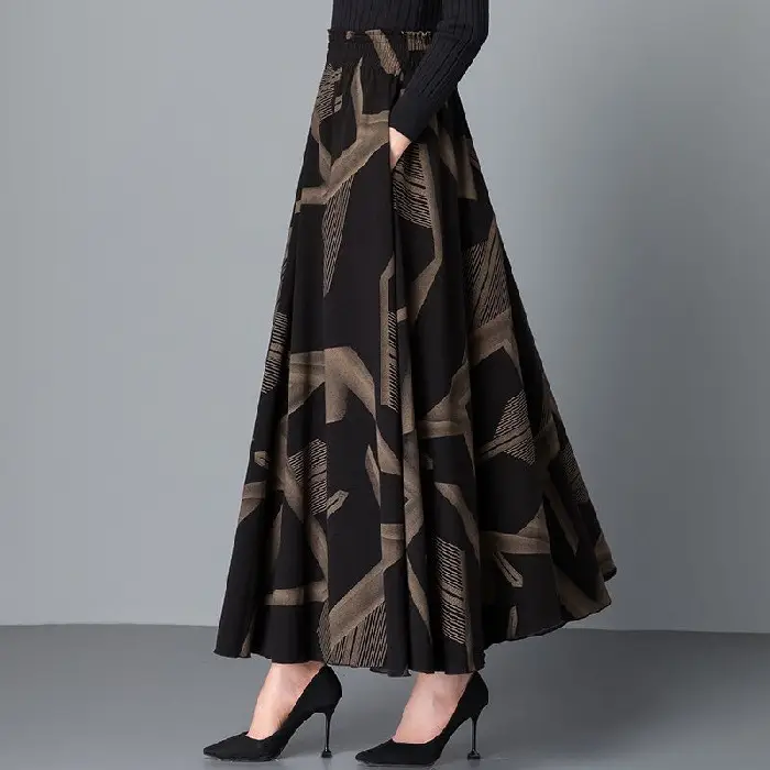 Women's Black Geometric A-Line Skirt Long Swing High Waist Slim Fit - Image 3