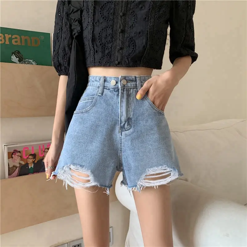 Women Blue Ripped Denim Shorts High Waist 2021 - Image 6