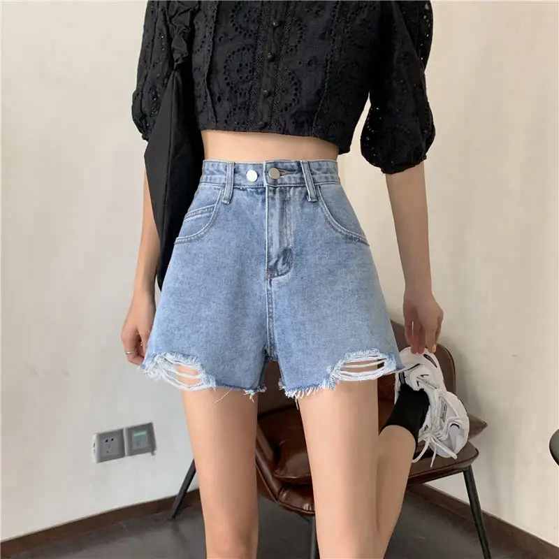 Women Blue Ripped Denim Shorts High Waist 2021 - Image 4