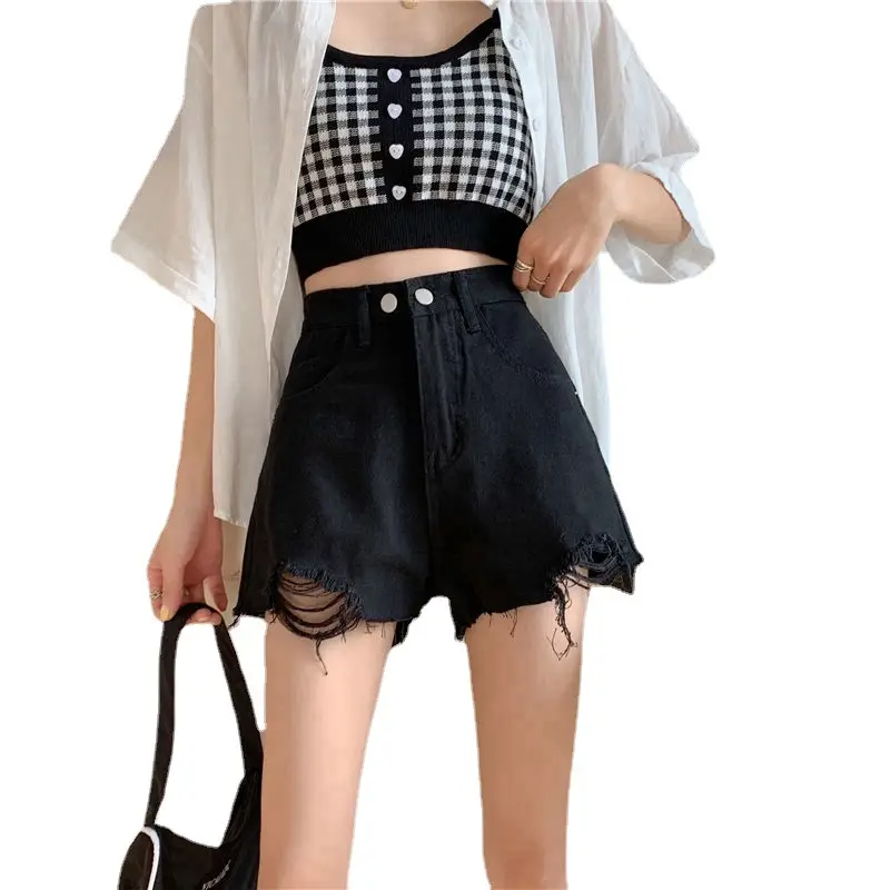 Women Blue Ripped Denim Shorts High Waist 2021 - Image 7