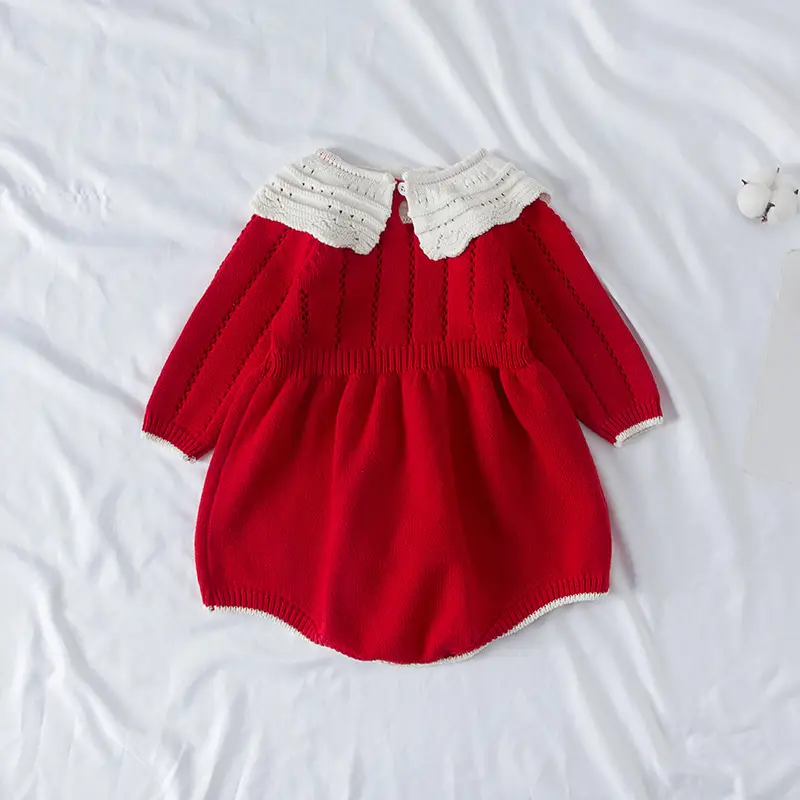 Red Knitted Infant Jumpsuit with Button Collar - Image 2