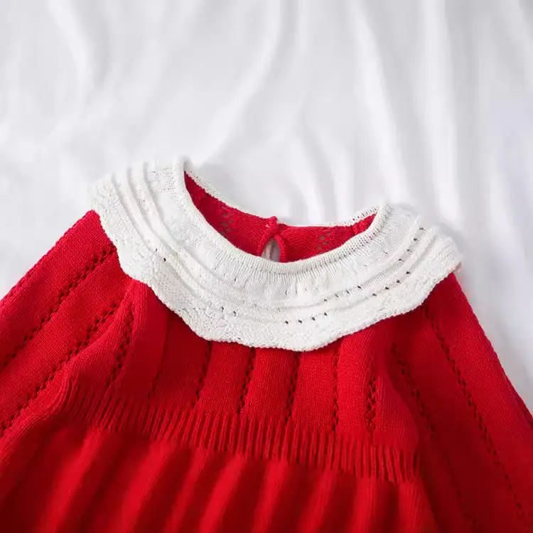 Red Knitted Infant Jumpsuit with Button Collar - Image 3