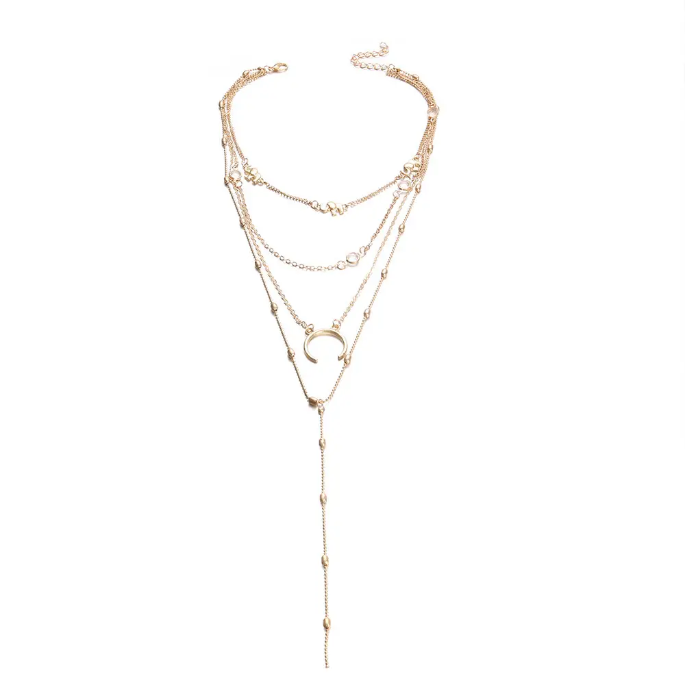Y-Shape Multi Layer Necklace with Tassel and Crescent Pendant - Image 4