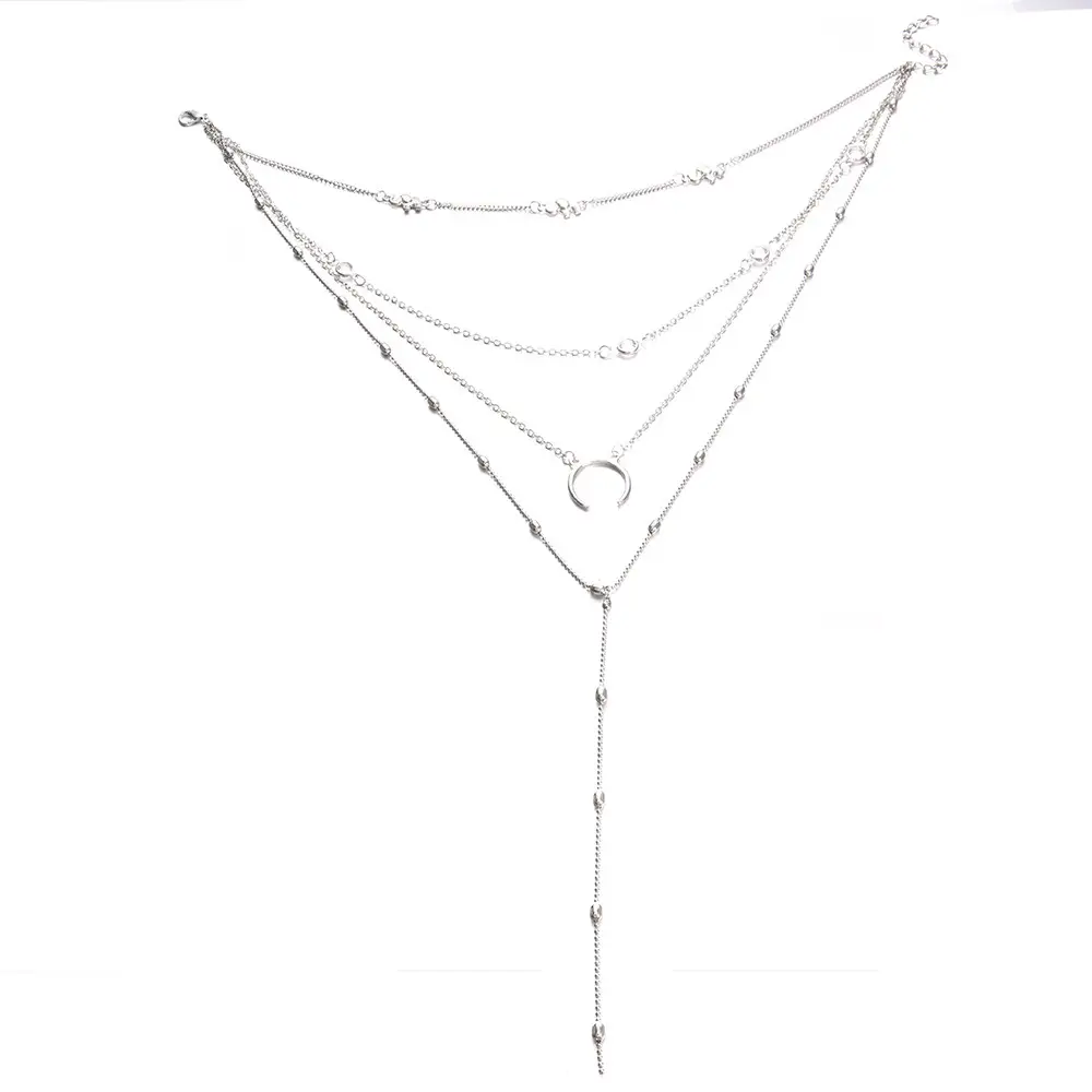 Y-Shape Multi Layer Necklace with Tassel and Crescent Pendant - Image 5