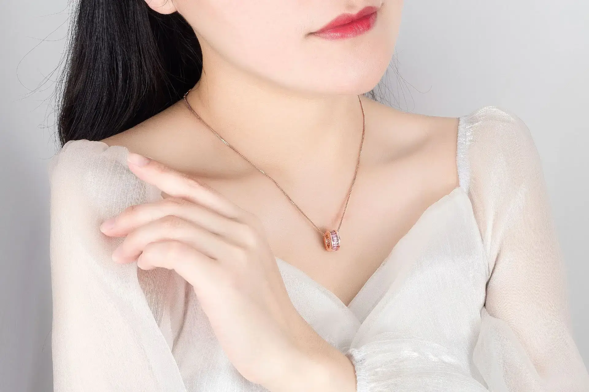 Women's Rose Gold Tide Transfer Necklace with Pink Lace Band — feature 15