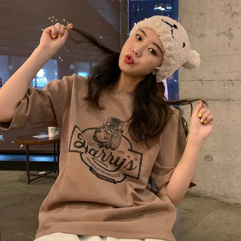 Women Loose Slim T-Shirt Brown Cartoon Print - Image 2