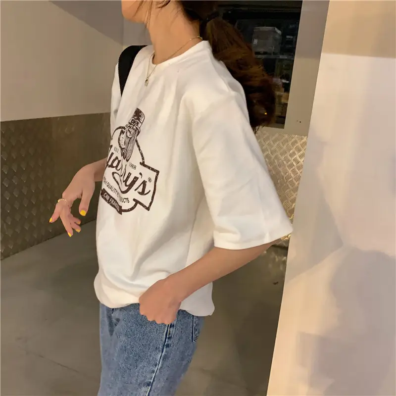 Women Loose Slim T-Shirt Brown Cartoon Print — feature 14