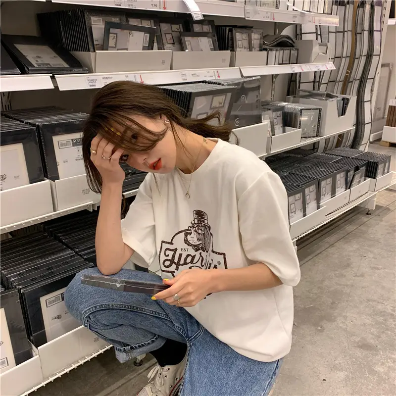 Women Loose Slim T-Shirt Brown Cartoon Print — feature 15