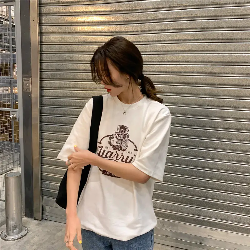 Women Loose Slim T-Shirt Brown Cartoon Print — feature 18
