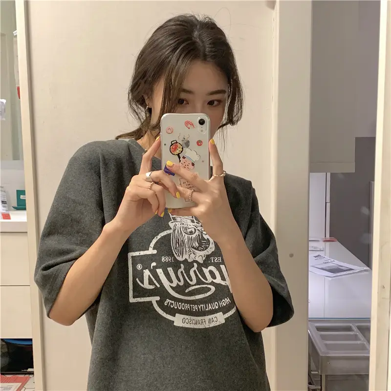 Women Loose Slim T-Shirt Brown Cartoon Print — feature 21