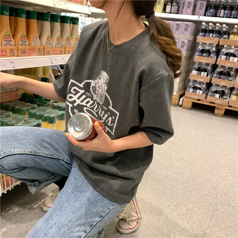 Women Loose Slim T-Shirt Brown Cartoon Print — feature 25