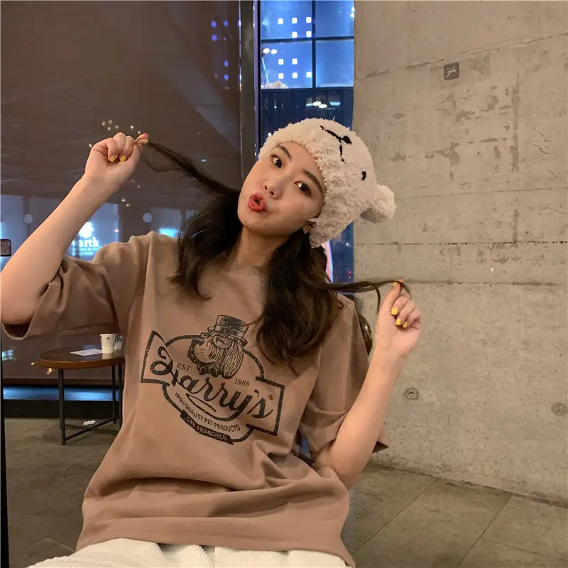 Women Loose Slim T-Shirt Brown Cartoon Print — feature 30