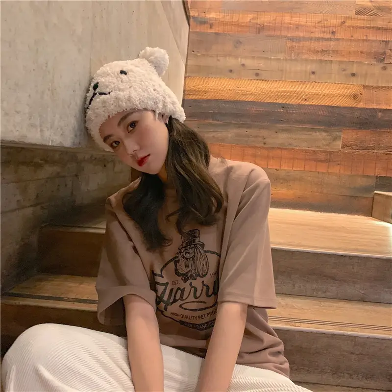 Women Loose Slim T-Shirt Brown Cartoon Print — feature 31