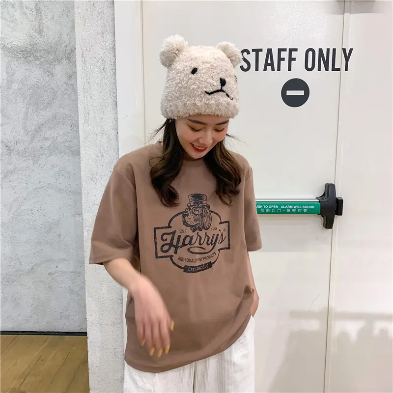 Women Loose Slim T-Shirt Brown Cartoon Print — feature 33