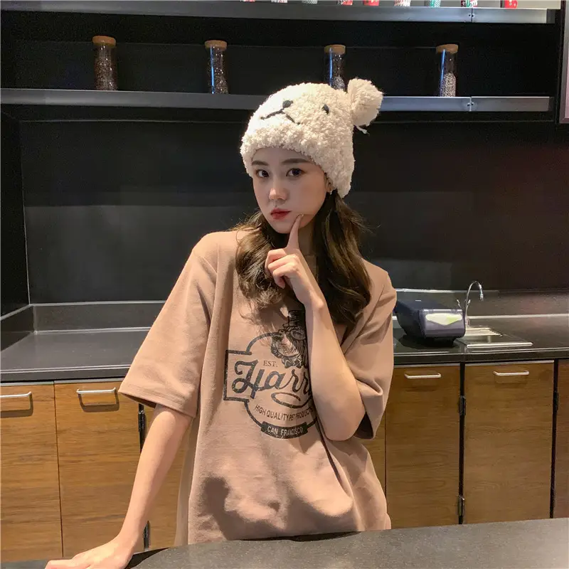 Women Loose Slim T-Shirt Brown Cartoon Print — feature 34