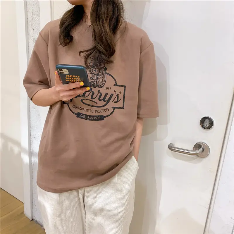 Women Loose Slim T-Shirt Brown Cartoon Print — feature 35