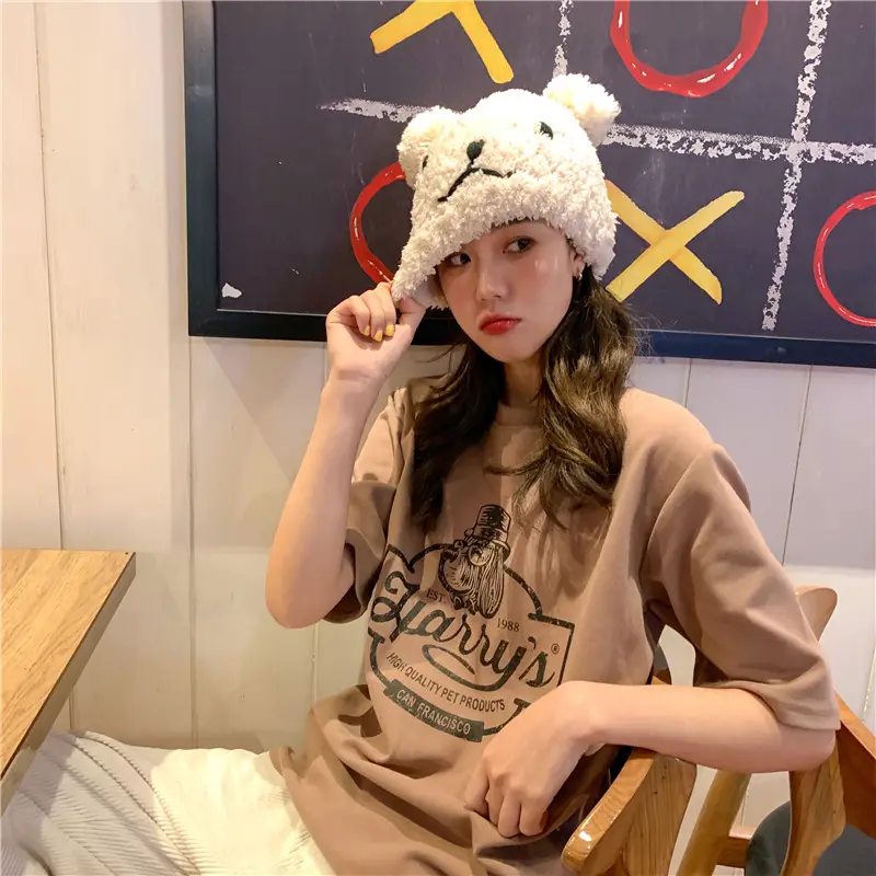 Women Loose Slim T-Shirt Brown Cartoon Print — feature 36