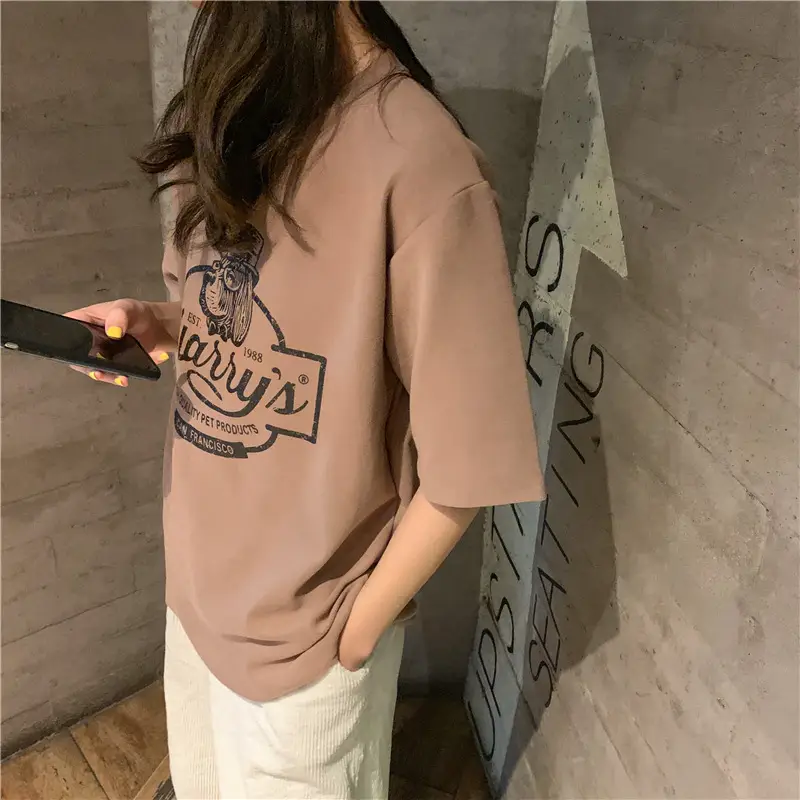 Women Loose Slim T-Shirt Brown Cartoon Print — feature 37