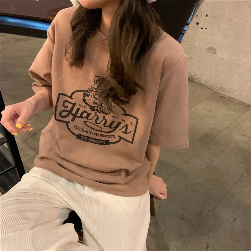 Women Loose Slim T-Shirt Brown Cartoon Print — feature 38