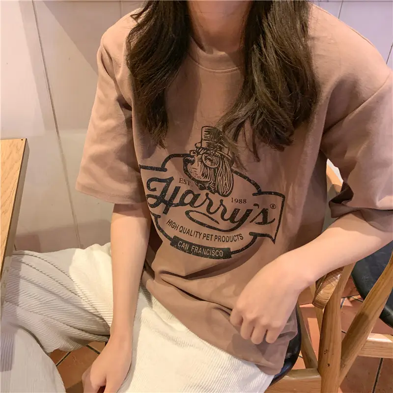 Women Loose Slim T-Shirt Brown Cartoon Print — feature 39