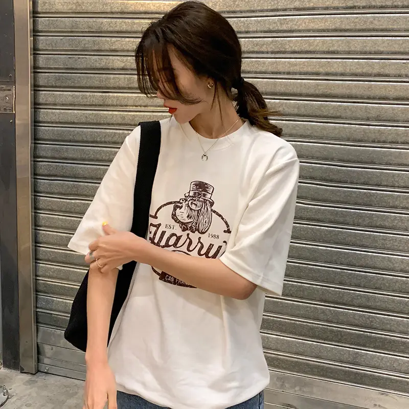 Women Loose Slim T-Shirt Brown Cartoon Print - Image 3
