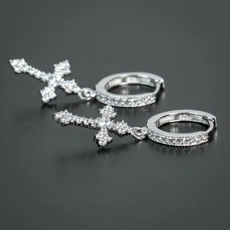 Cao Shi Cross Earrings Zircon Silver Male Women - Image 5