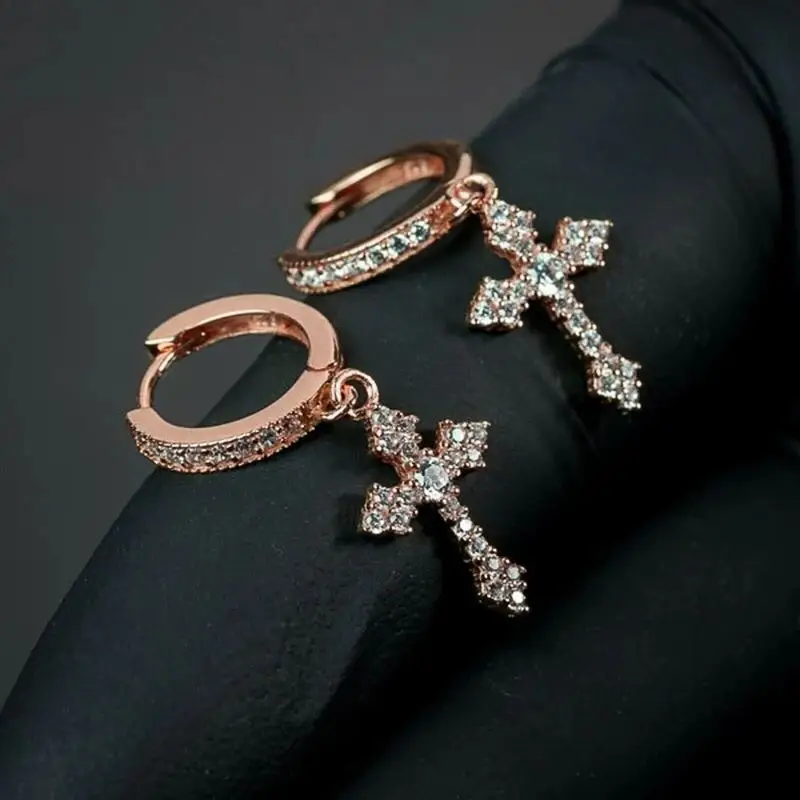 Cao Shi Cross Earrings Zircon Silver Male Women - Image 3