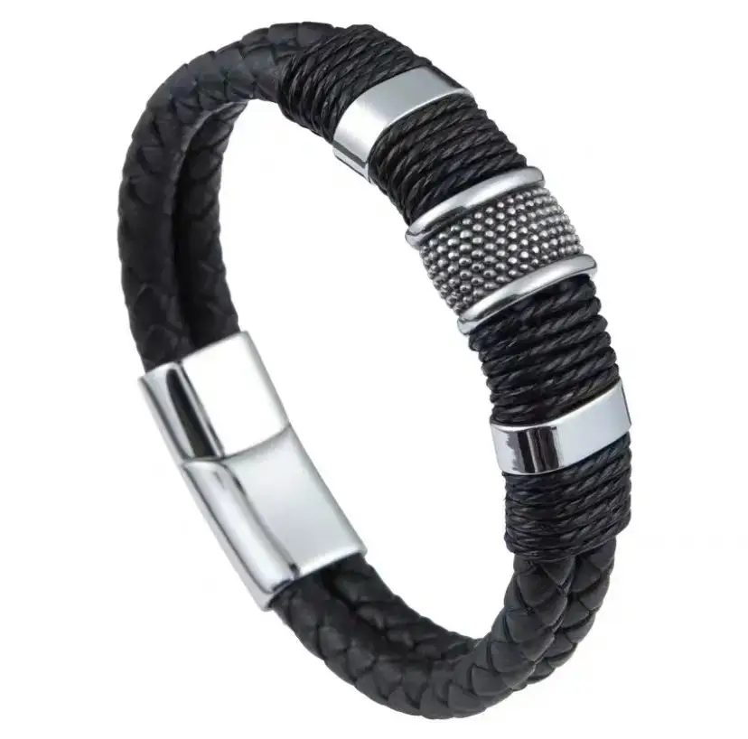 Titanium Steel Braided Leather Bracelet for Men - Image 3