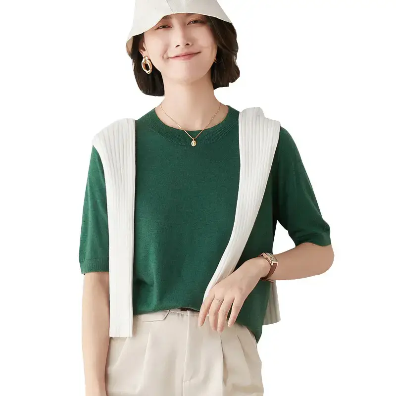 Women 5-Quarter Sleeve T-Shirt Olive Green Loose Fit - Image 15