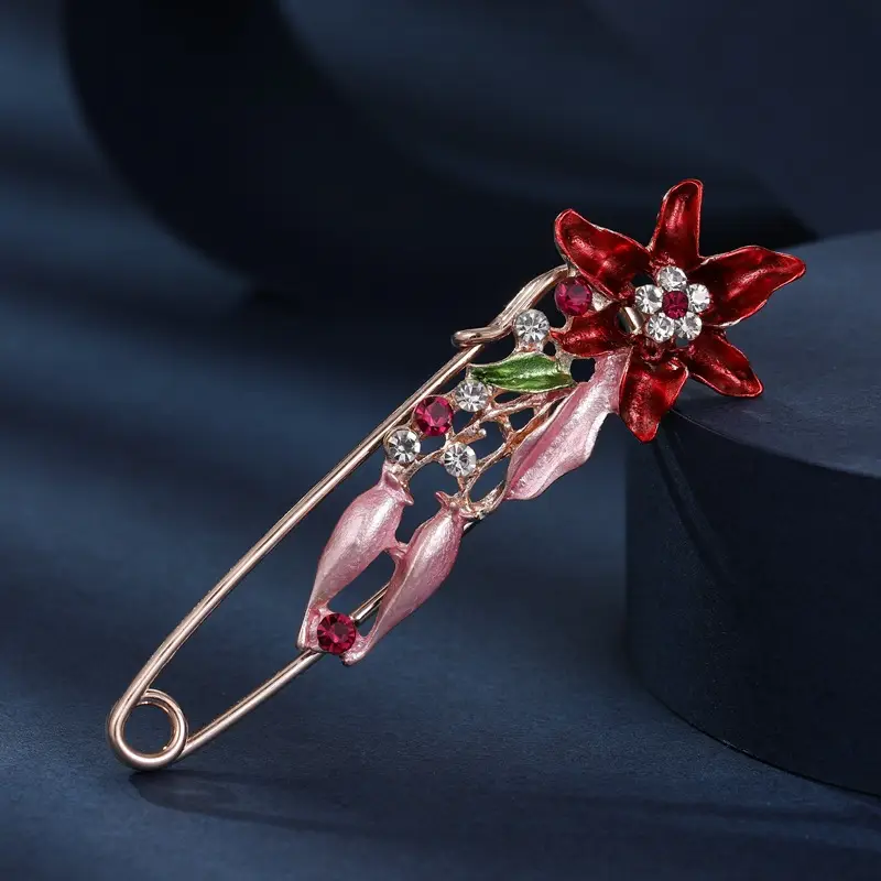 Women's Large Pin Flower Brooch with Red & Green Accents - Image 15