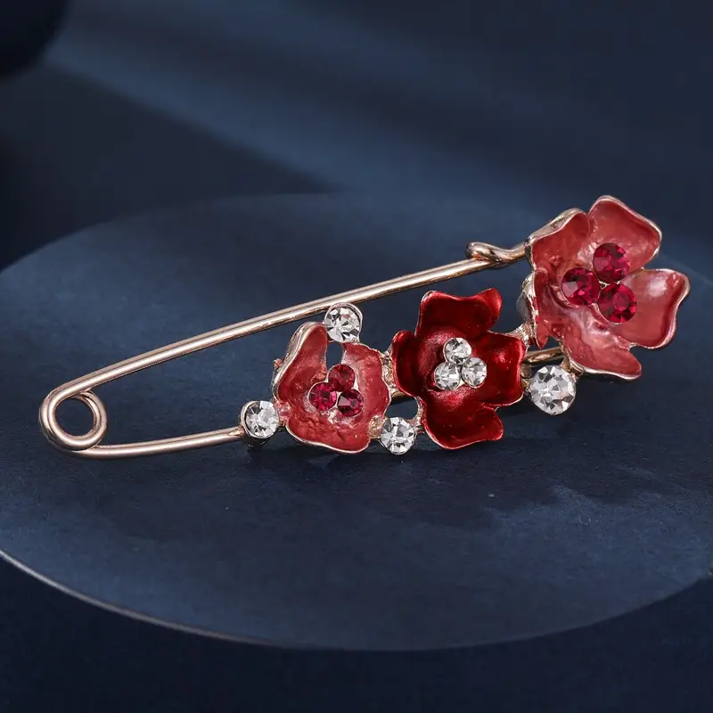 Women's Large Pin Flower Brooch with Red & Green Accents - Image 4