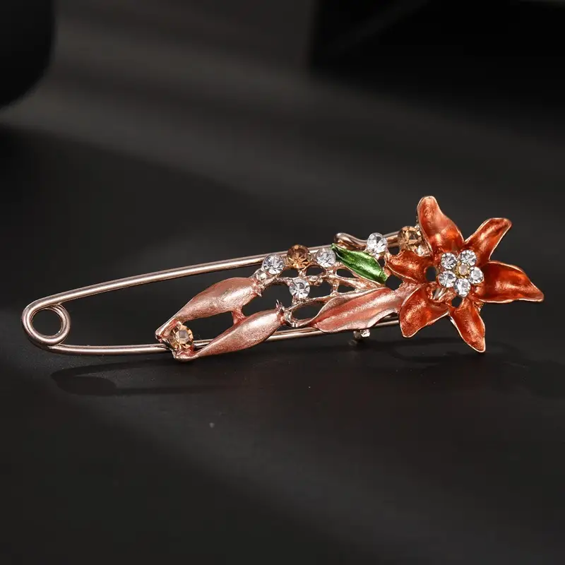 Women's Large Pin Flower Brooch with Red & Green Accents - Image 7