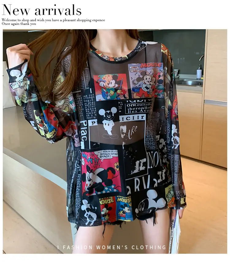 Mickey Printed Long Sleeve Shirt Women Black — feature 12