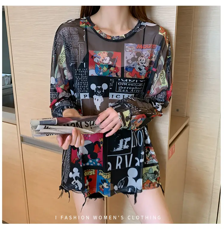 Mickey Printed Long Sleeve Shirt Women Black — feature 13