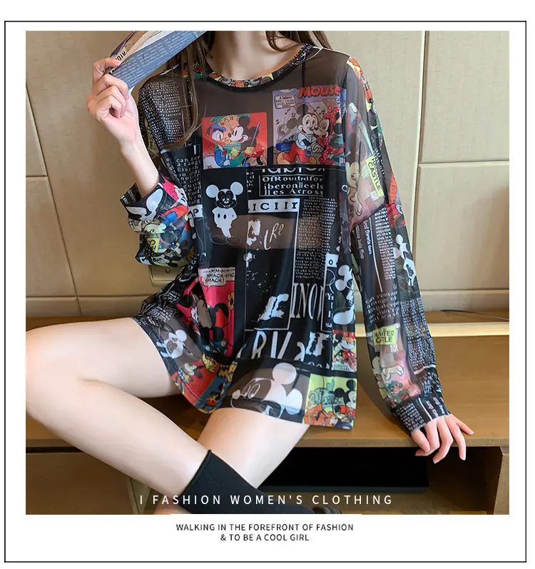 Mickey Printed Long Sleeve Shirt Women Black — feature 15