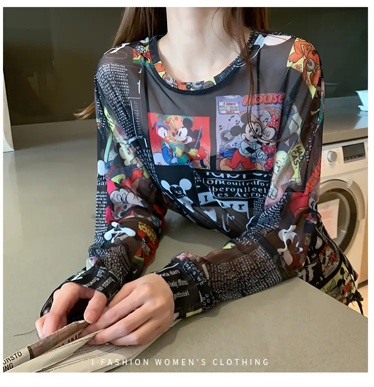 Mickey Printed Long Sleeve Shirt Women Black — feature 16