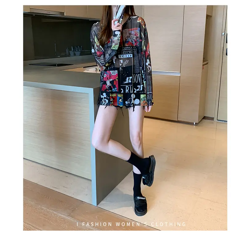 Mickey Printed Long Sleeve Shirt Women Black — feature 17