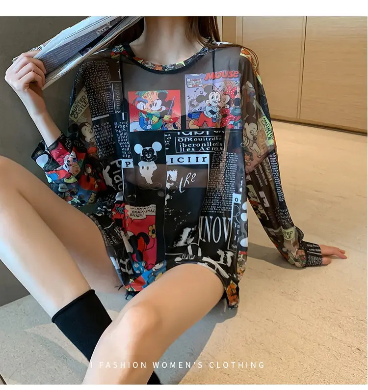Mickey Printed Long Sleeve Shirt Women Black — feature 19