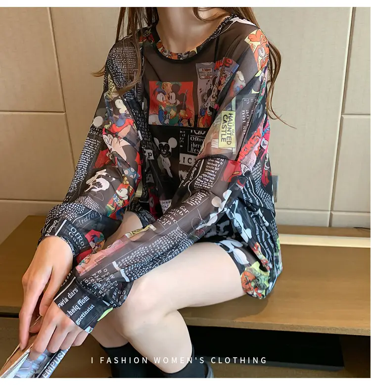 Mickey Printed Long Sleeve Shirt Women Black — feature 20