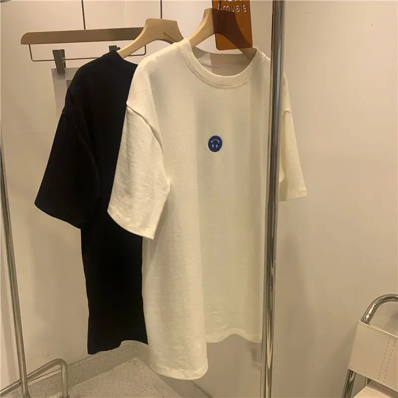 Women 2025 Summer Loose Fit Smiley T-Shirt Cream - Image 4