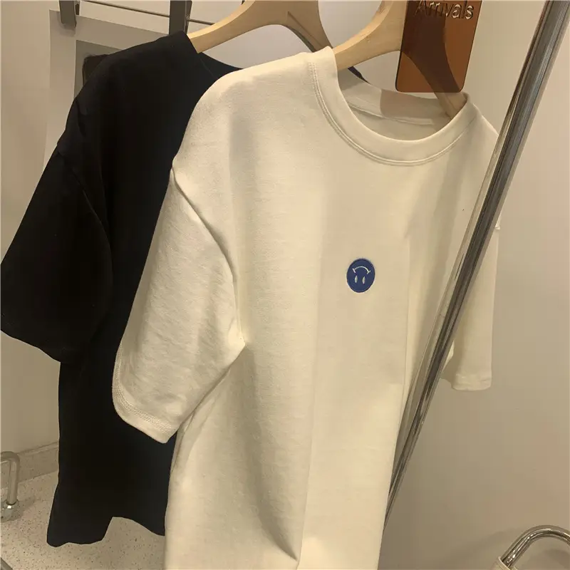 Women 2025 Summer Loose Fit Smiley T-Shirt Cream - Image 5