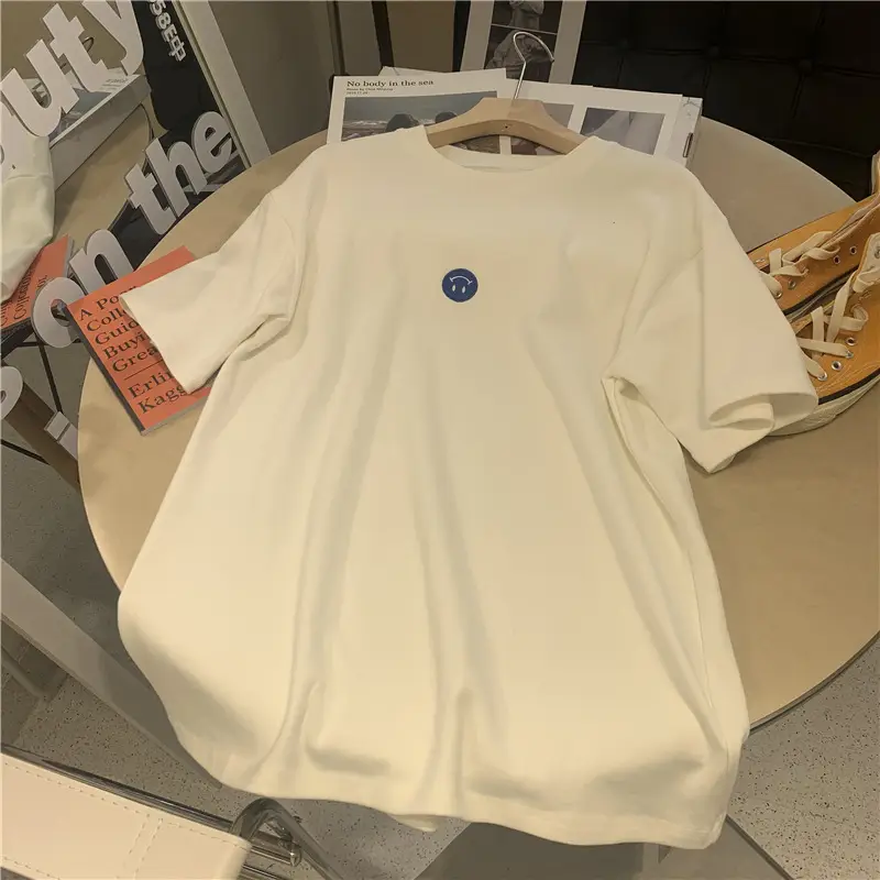 Women 2025 Summer Loose Fit Smiley T-Shirt Cream — feature 10