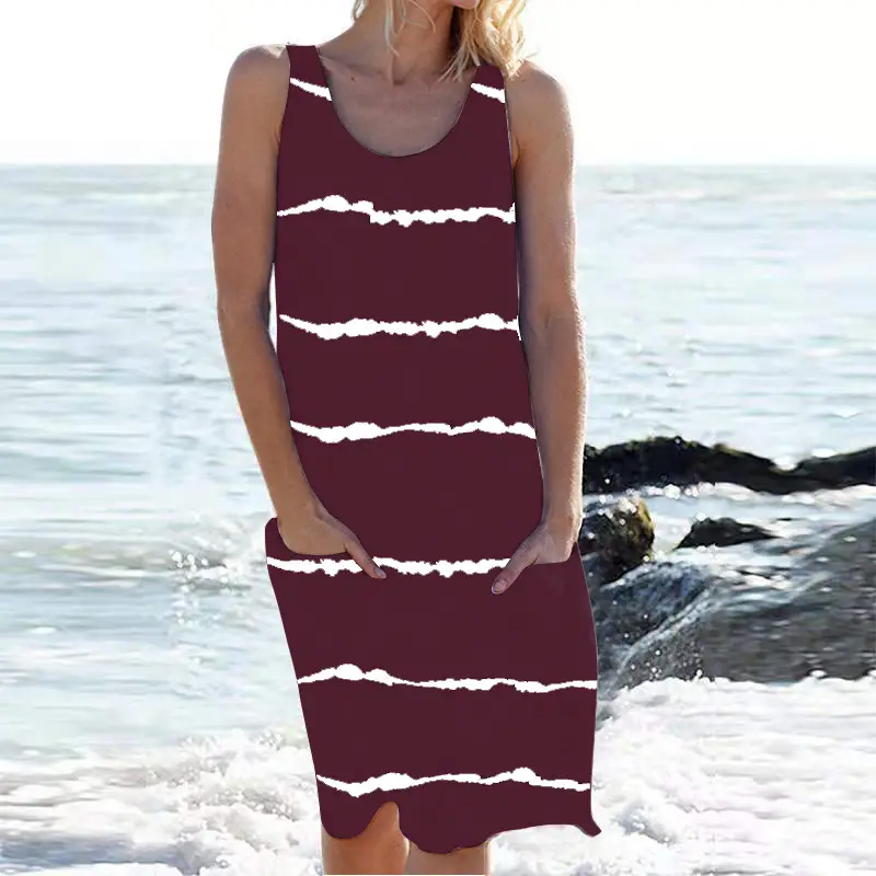 2022 Women's Maroon Striped Sleeveless Dress - Image 9