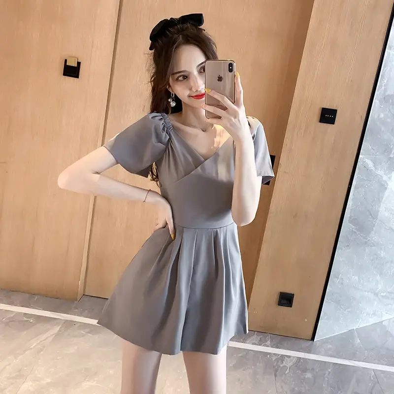 Elegant Off-Shoulder Puff Sleeve Jumpsuit Shorts Set Women