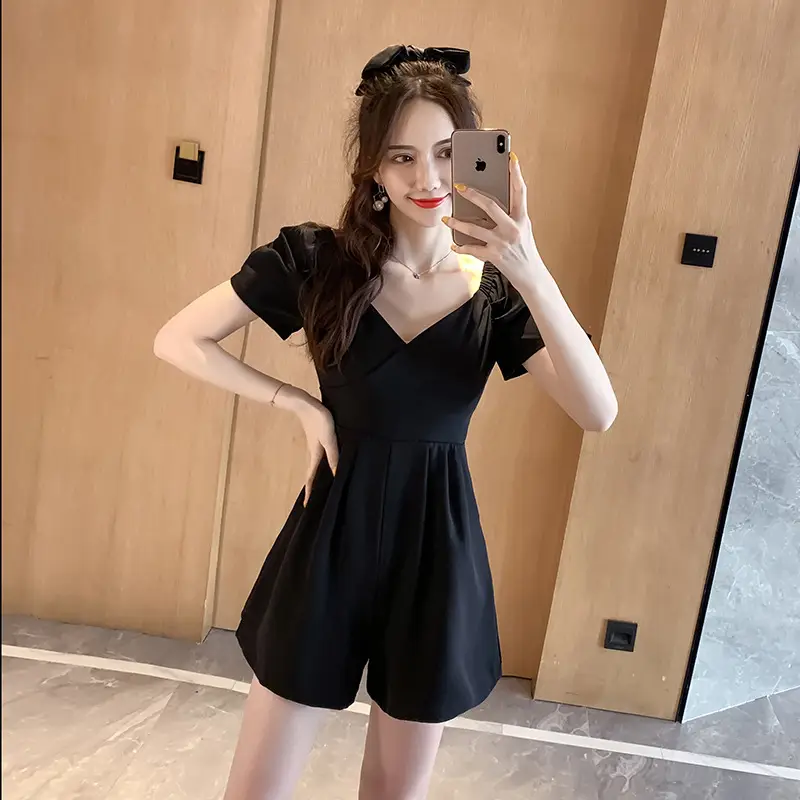 Elegant Off-Shoulder Puff Sleeve Jumpsuit Shorts Set Women